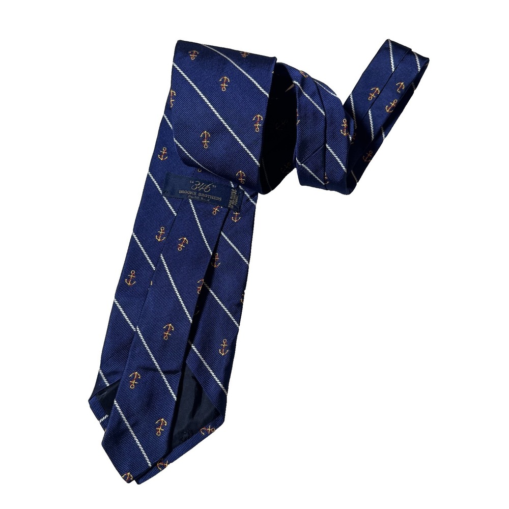 Brooks Brothers 346 Pure Silk Neck Tie Navy Striped Anchor Made USA
